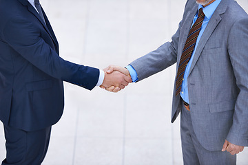 Image showing Office, business people and shaking hands for deal, collaboration and b2b partnership agreement for consultant. Welcome, introduction and handshake for greeting, meeting and thank you for support