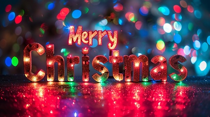 Image showing Colorful LED Merry Christmas concept creative horizontal art poster.