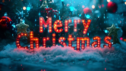 Image showing Colorful LED Merry Christmas concept creative horizontal art poster.