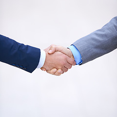 Image showing Closeup, business people and handshake for partnership deal, collaboration and b2b agreement for consultant. Welcome, introduction and shaking hands in studio isolated on a white background mockup