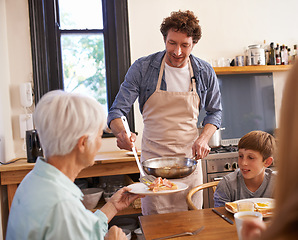 Image showing Mature man, family and child for breakfast at home on happiness in morning, bonding and support for care. Father, food and kitchen for meal to eat in table, enjoy and fun together with grandmother