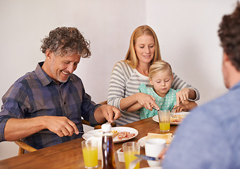 Image showing Couple, child and home for breakfast with guest on happiness in morning for bonding with conversation, support and care. Family, parents and meal to eat with coffee, table and enjoy together.