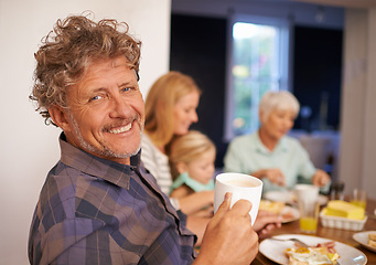 Image showing mature man, family and home for breakfast on happiness in morning for bonding with conversation, support and care. Portrait, father and meal to eat with coffee in table to enjoy, fun and together.