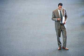 Image showing Businessman, phone and lawyer in office, online and reading notification on communication app. Male person, attorney and internet for legal research in workplace, planning and advocate with paperwork