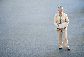 Image showing Mature businesswoman, portrait and confident attorney in office, smile and proud of documents. Happy female person, agency and career opportunity in firm for startup company, lawyer and paperwork