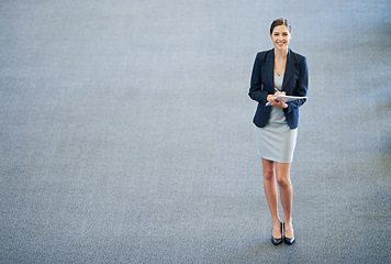 Image showing Businesswoman, portrait and confident lawyer in office, smile and proud of documents in workplace. Female person, agency and career opportunity in firm for startup company, employee and paperwork