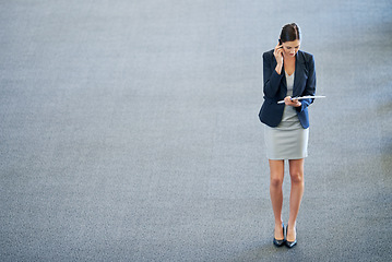 Image showing Space, documents or business woman on a phone call in office networking or speaking to chat in discussion. Mockup, planning or entrepreneur in conversation, mobile communication or deal for paperwork