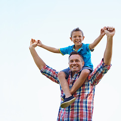 Image showing Child, back and man in outdoors for family, bond and play for fun and childhood for break and relax. Boy, father and portrait with smile and happy for recreation and cute in summer on mockup