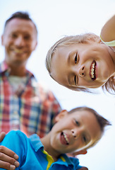 Image showing Portrait, low angle and family with summer happiness and bonding together with weekend break. Face, parents and mother with father and children with fun and sunshine with kids and joyful with smile