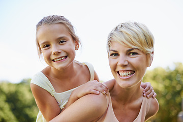 Image showing Piggyback, portrait and mom with kid to play outdoors for bonding, love and happiness in garden for mothers day. Mother, daughter and together with care for summer fun in backyard with shoulder game