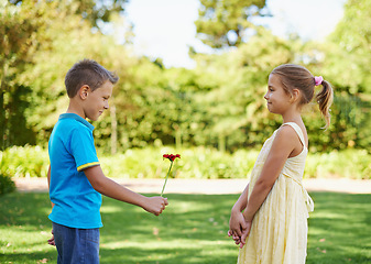 Image showing Boy, girl and flower present or outdoor connection with love kindness for young friendship, bonding or innocent. Children, smile and backyard garden for giving gift for summer holiday, play or park