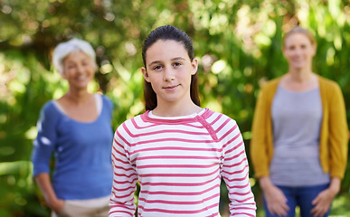 Image showing Girl, mother and grandmother in portrait in park with smile, generations and outdoor bonding in nature together. Women, family and face of teen in garden with summer, weekend and trees in backyard