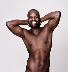 Image showing Happy black man, portrait and abdomen muscle in studio for sports, workout and exercise of bodybuilder isolated on white background. Face, strong abs and naked or topless African person with health