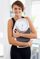 Image showing House, portrait or happy woman with fitness or scale for body training or gym workout to lose weight. Wellness, monitor or confident female sports athlete in health club for exercise progress results