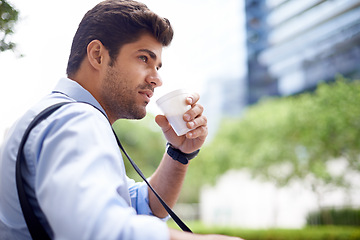 Image showing Professional, businessman and coffee for thinking in city, planning and thoughts for startup project. Outdoors, cappuccino and male person drinking expresso for idea, caffeine and energy in morning