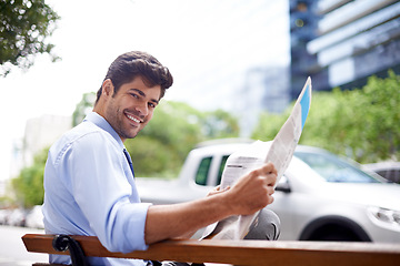 Image showing Portrait, businessman and reading newspaper for information, daily news and updates on local events. Professional, male person and outdoor with smile for knowledge, stories and article in city