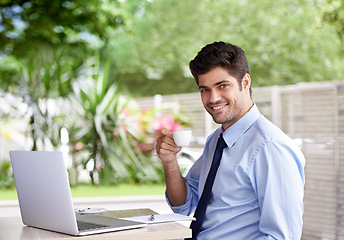 Image showing Portrait, coffee and laptop for businessman, smile and online work in cafe with notepad. Outside, internet and technology for email for professional male person, notes and reports or paperwork