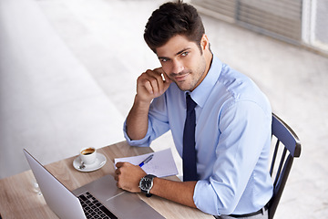 Image showing Smile, laptop and notepad for businessman, notes and online work in cafe with coffee. Thinking, internet and technology for email for professional male person, pen and reports for remote working