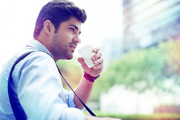 Image showing Professional, businessman and coffee in city for thinking, planning and thoughts for startup project. Outdoors, cappuccino and male person drinking expresso for caffeine or energy in morning