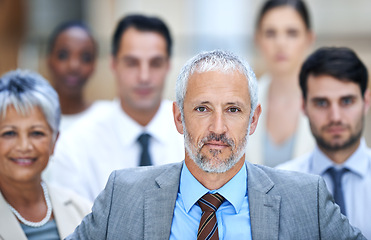 Image showing Portrait, leadership and group of business people with manager, confidence and solidarity at startup. Community, professional men and women together in office with teamwork, pride and trust with CEO