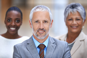 Image showing Portrait, leadership and business people with senior manager, confidence and solidarity at startup. Community, professional men and women together in office with teamwork, pride and support with CEO