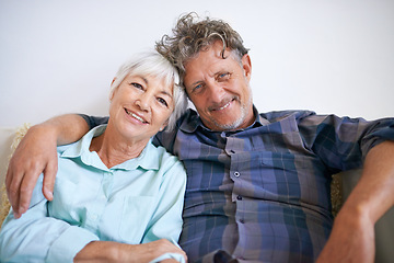 Image showing Old couple, hug and relax in portrait with happiness at home, love and security with comfort for bonding. Marriage, partner and retirement together with smile, trust and loyalty with people in lounge