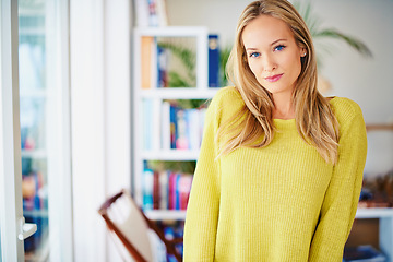 Image showing Portrait, calm and woman in a home library for weekend reading, relax or stress relief in house. Book shelf, face and female person in study room for me time, novel or chilling on weekend or day off