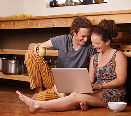 Image showing Home, couple on the floor and typing with laptop, morning and planning with online reading or computer. People, apartment or dreadlocks with man or woman with affection or internet with tech or smile
