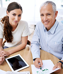 Image showing Portrait, businessman and woman with stats, tablet and sales review on growth, development or market trend. Planning, strategy and business people at desk for data analysis, feedback or profit report