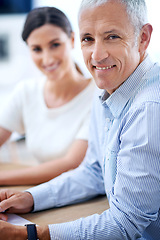 Image showing Portrait, businessman and woman with smile, leadership and meeting for team support, smile and startup. Planning, confidence and happy business people at desk for collaboration, partnership or audit