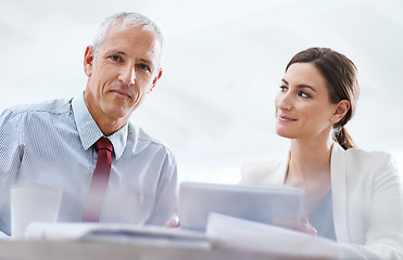 Image showing Portrait, senior and businessman with woman and tablet with internet for online work for training on sales target or skills. Employee, manager or leader with information technology for development.