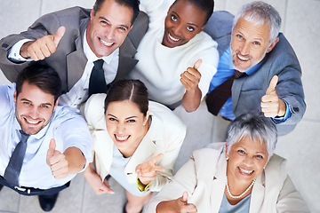 Image showing Business people, portrait and team thumbs up in office, community and support or unity. Colleagues, diversity and agreement in collaboration or motivation in workplace, solidarity and cooperation