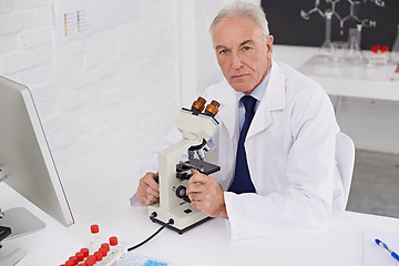 Image showing Scientist, portrait and microscope in laboratory for chemistry experiment, development or medical research. Investigation, mature man and serious with technology, sample and growth in vaccine study