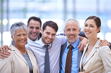 Image showing Business people, smile and portrait of team in office together for cooperation in corporate company for career. Face, diverse group or happy professional agents with senior managers for collaboration