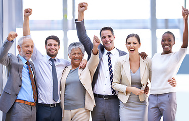 Image showing Happy business people, portrait or cheers for winning with collaboration target, goals or teamwork. Hands up, profit bonus or excited employees in corporate with group success, welcome or achievement