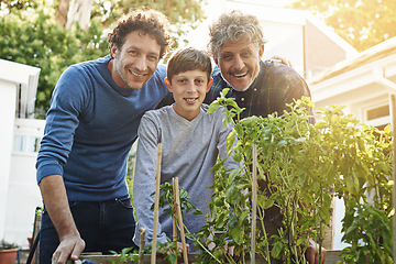 Image showing Child, father and grandfather in gardening portrait with smile, support and outdoor bonding together. Men, family and face of happy boy with generations in backyard for legacy, weekend and plants