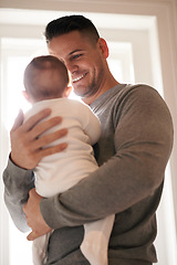 Image showing Love, happy or father and baby in a house with care, trust and child development, support or bonding. Family, security and dad with kid at home for learning, safety or morning games with gratitude