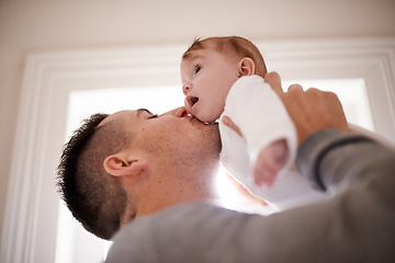 Image showing Kiss, love or father and baby in a house with care, trust and child development, support or bonding. Family, security and dad hug kid at home for learning, safety or morning games with gratitude