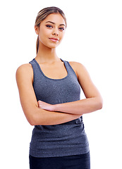 Image showing Happy woman, portrait and fitness with confidence for workout, exercise on a white studio background. Face of female person or athlete with smile and arms crossed for health and wellness on mockup