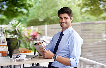 Image showing Portrait, laptop and notepad for businessman, pen and online work in cafe with coffee. Outside, internet and technology for email for professional male person, notes and writing reports or paperwork