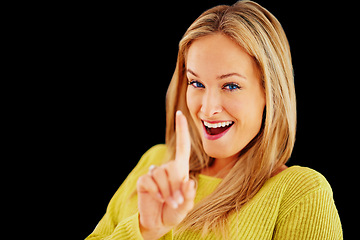 Image showing Woman, portrait and studio with finger for number one, symbol and gesture for top choice or decision. Female person, hand and sign for winning or success, victory and champion or vote for product.