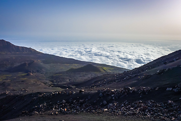 Image showing Cha das Caldeiras over the clouds view from Pico do Fogo in Cape