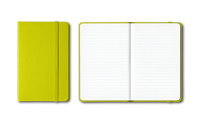 Image showing Lime green closed and open lined notebooks isolated on white
