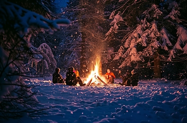 Image showing Winter bonfire gathering in snowy forest