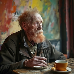 Image showing A Man Sitting at a Table With a Cup of Coffee