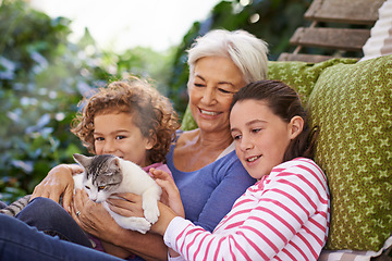 Image showing Backyard, grandmother and kids with cat, relax and holiday with weekend break and vacation. Family, old woman and grandchildren with pet and hammock in a backyard with animal and bonding together