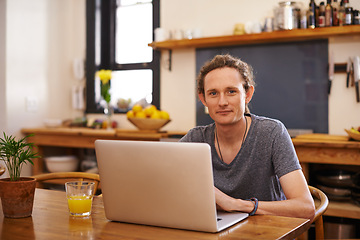 Image showing Remote work, kitchen and portrait of man with laptop for online research, website and internet project. Working from home, freelancer and person on computer for planning, streaming and networking