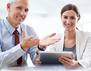 Image showing Business people, portrait and tablet teamwork in office for brainstorming as financial advisor, consultant or collaboration. Man, woman and online internet for accounting deal, investment or planning