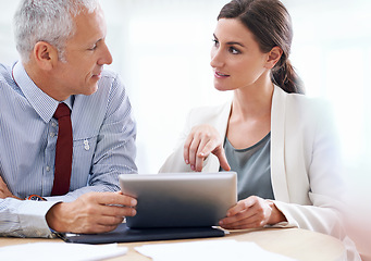 Image showing Discussion, senior and businessman with woman and tablet with internet for online work for training on sales target or skills. Employee, manager or leader with information technology for development.