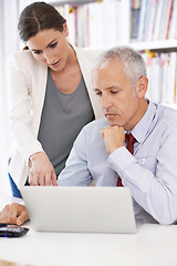 Image showing Business people, laptop and teamwork brainstorming in office for financial email, investment or consultation. Man, woman and project planning with company growth on internet, digital or accounting